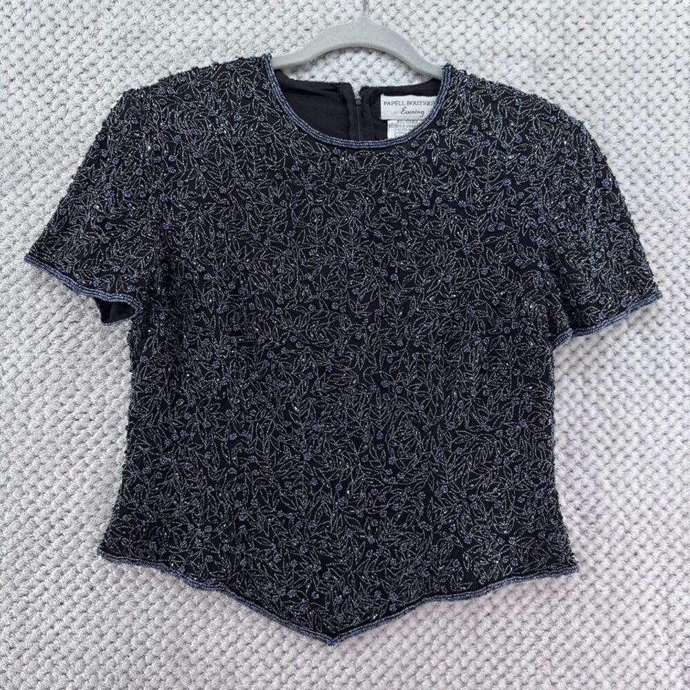VTG Papell Boutique Evening Top M Black Silk Beaded Asymmetrical Hem Glam
